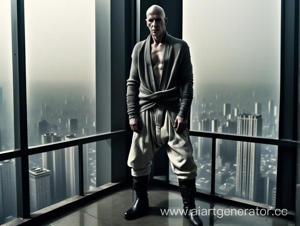 a white bald man wearing a grey cardigan, short prisoner pants and boots of rick owens, looking from an apartment of a high skyscraper on a city like in blade runner.  show full body. arms fold behind back. afternoon. very detailed, 4K HQ, depth of field, f/1.2, Leica, 8K HDR, High contrast. Subject: The Human-to-background ratio is visually striking at 1:20