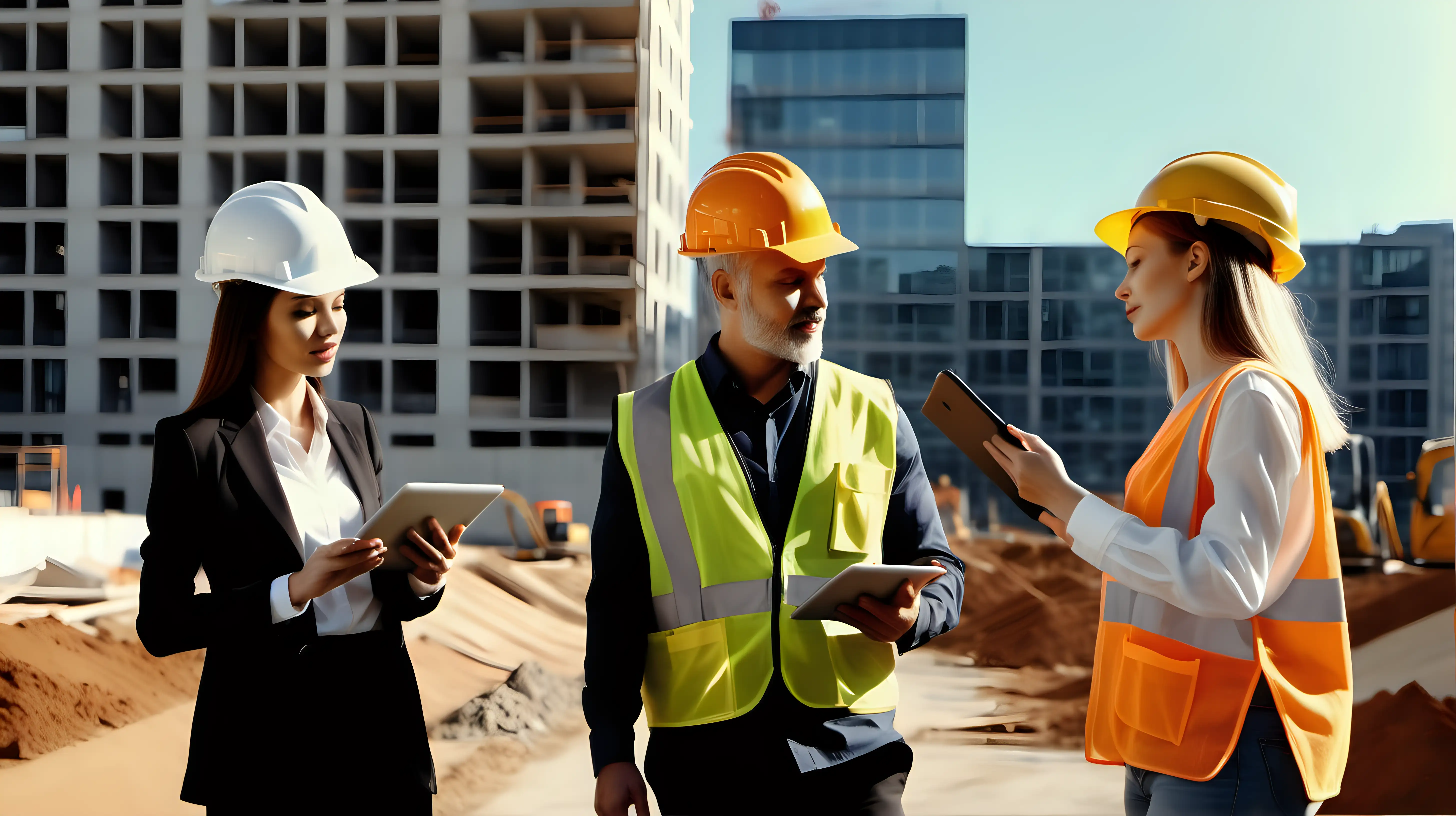 Diverse Team of Specialists Discussing Real Estate Project at Sunny Construction Site