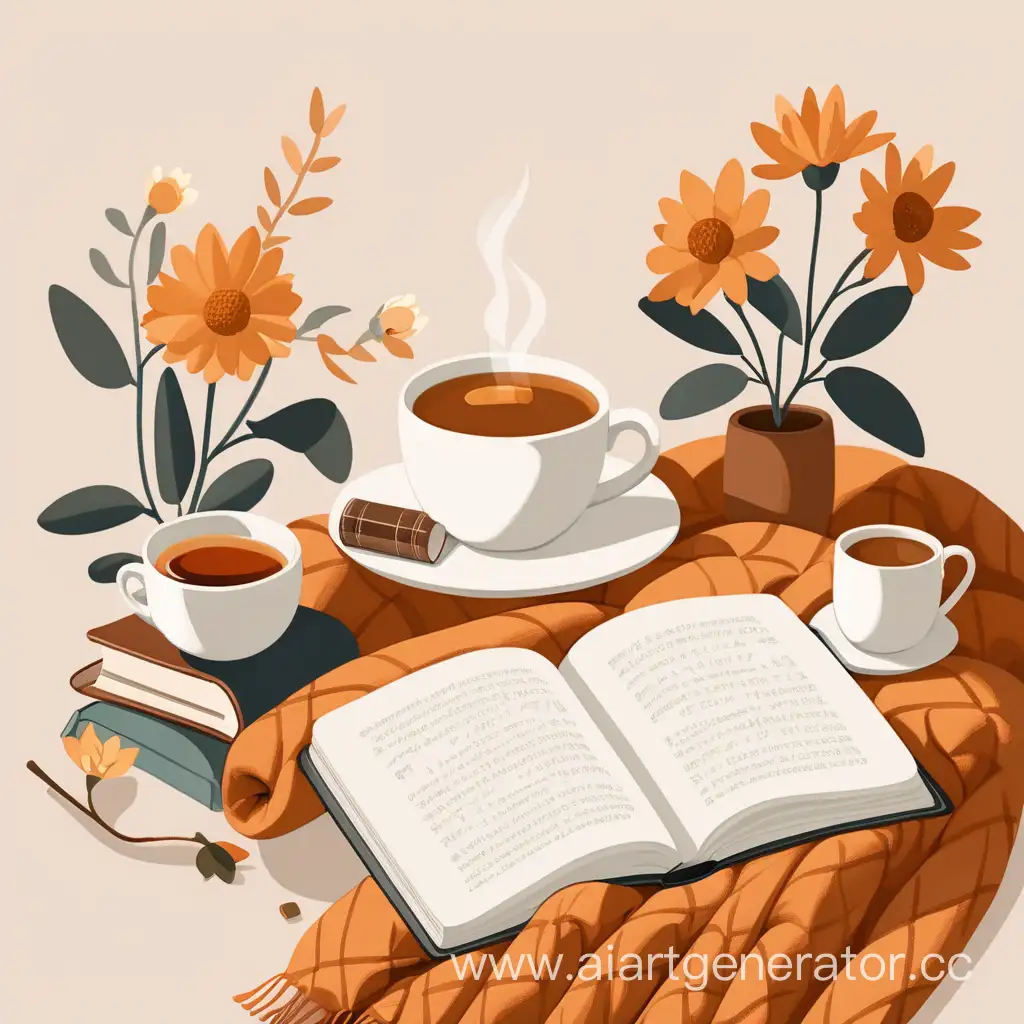 A small and cute flower of wisdom thoughtfully reads a book, covered with a warm blanket, and drinks hot tea. The picture is warm and cozy in a minimalist style.