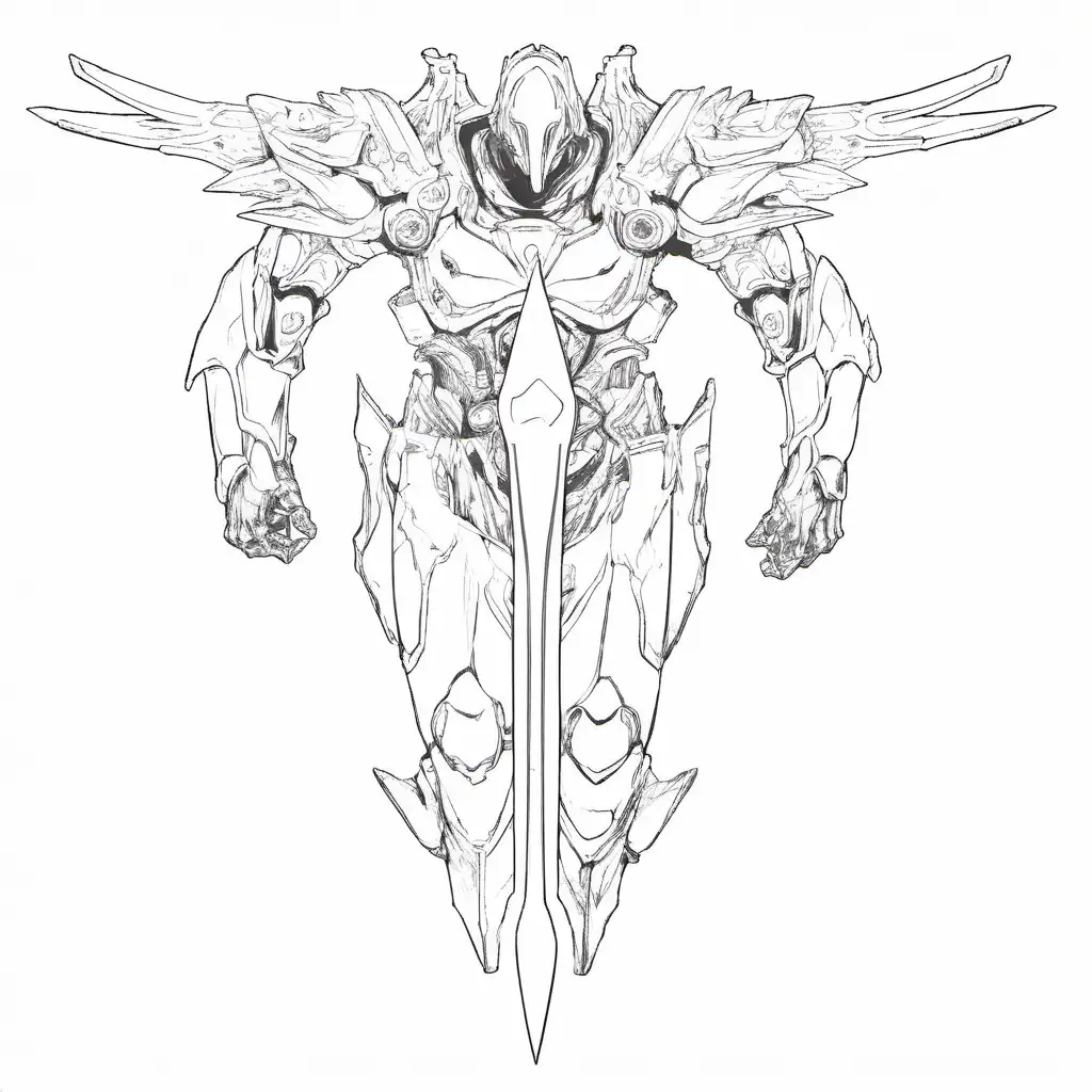 GIANT ANGEL PALADIN MECHANICAL CORRUPTED ANGEL DEMON WARFRAME BIOMUTANT FLESH holding Sword in front of him 4 wings angelic glow templar knight universal angel