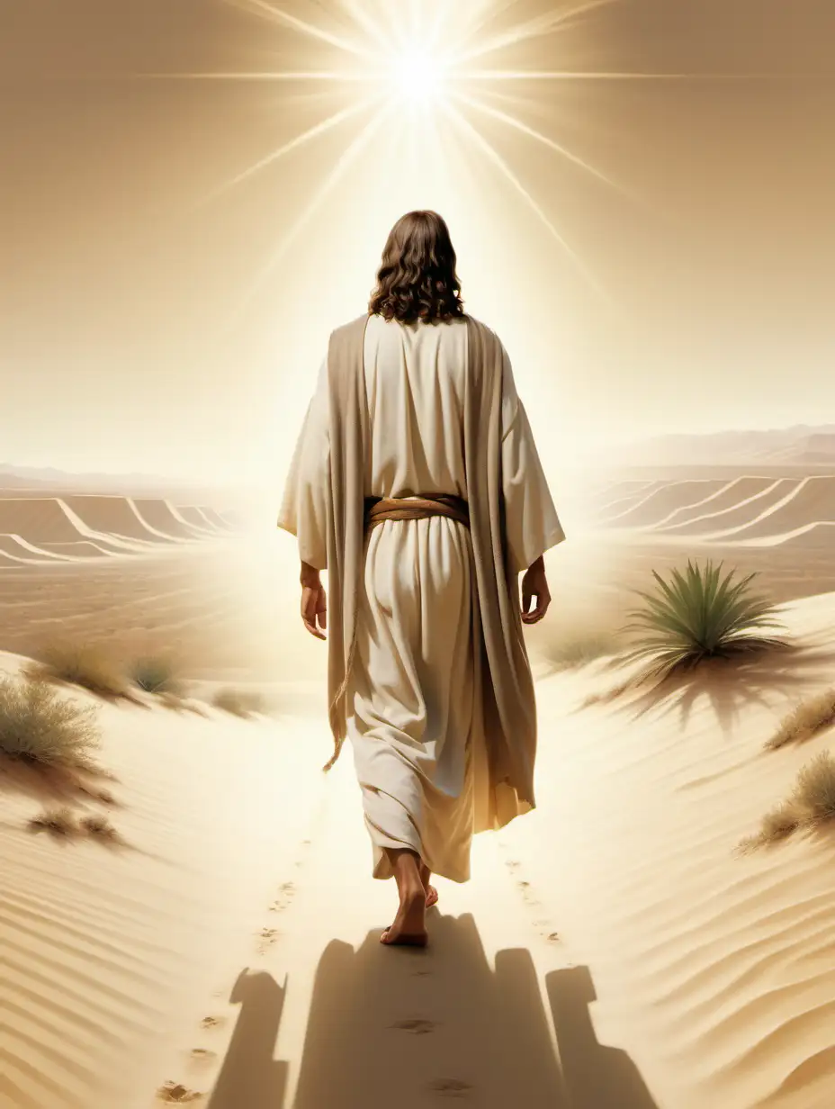 an image of Jesus from behind walking through the desert surrounded by bright sunshine; ivory; beige; taupe; muted colours; 
