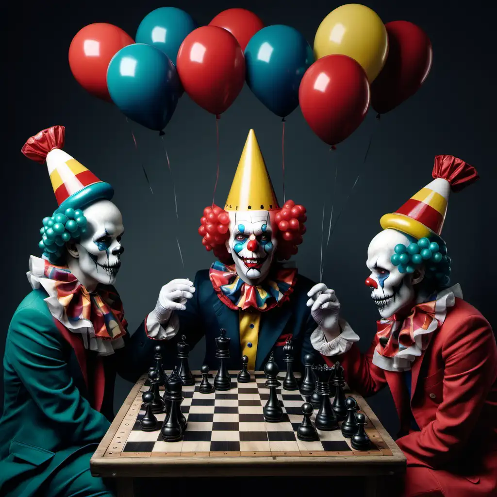 Whimsical Chess Game with Colorful Balloons and Playful Clowns
