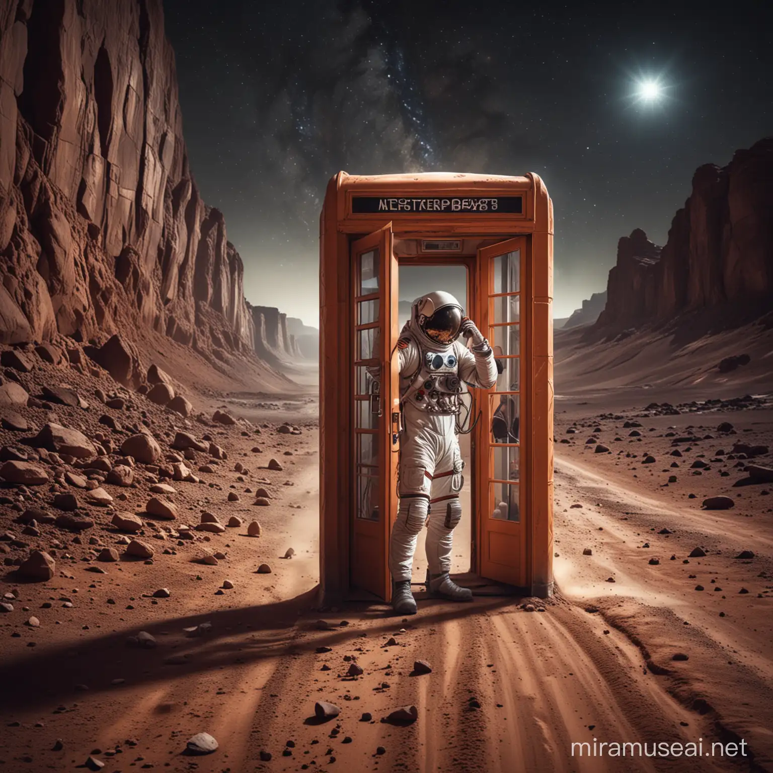 realistic photo of an astronaut, making telephone call, from  a phone booth attached to a wall, on a lonely Dusty road in mars, night time, dramatic light reflection, mountainous environment, full body view