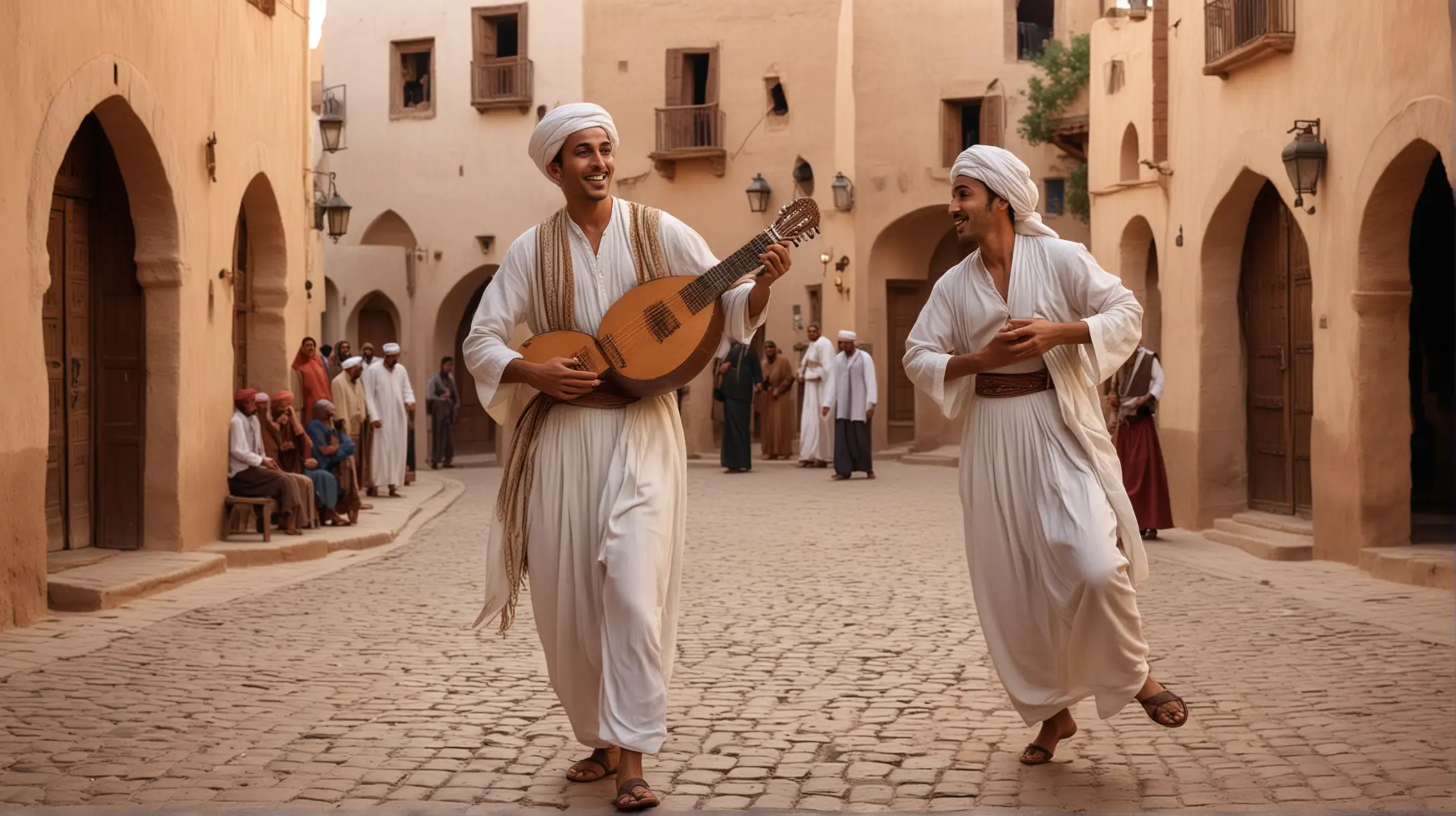 Single itinerant Moroccan musician playing and dancing with his Arabian lute. wearing traditional clothes, in a traditional village square, evening time, around him men and women all dancing joyfully, very realistic, cinematic, Cecil B. de Mille Ten Commandment style