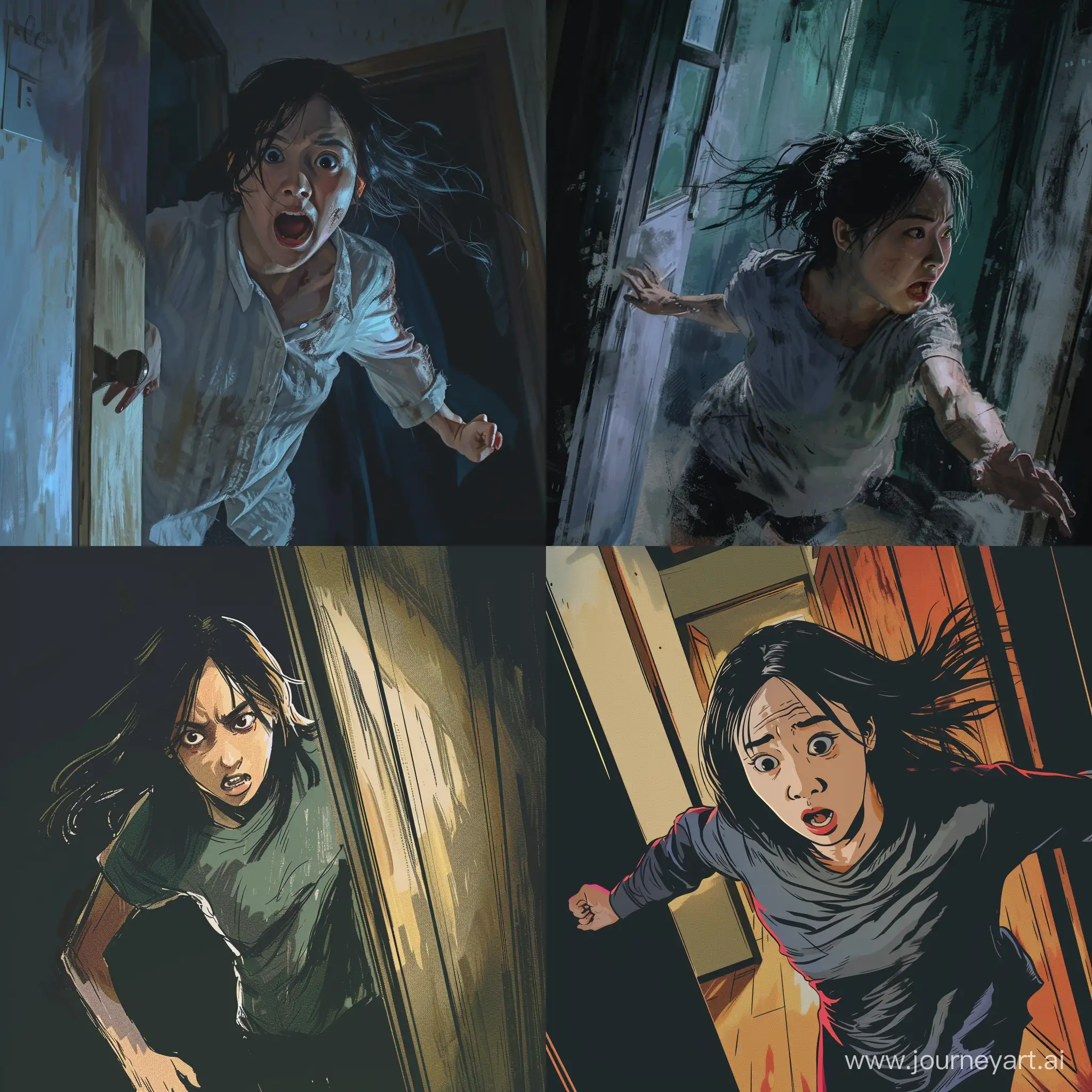 https://s.mj.run/CT4Gm0xZrw0 A Chinese woman 20 years old rushed into the room panorama, expression panic positive perspective, close-up, Horror scene, grim, dark, 8K, graphic novel sketch, graphic novel style, 2D effect, flat color, plain color, dark painting style, Horror Thriller,mystery novel --ar 1:1