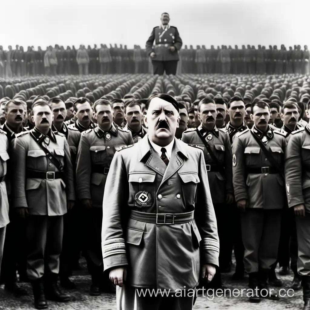 злой , жирный Гитлер на переднем фоне  смотрит на камеру ,сзади вдали стоят миллион солдат вермахта , челка налево,  короткие черные усы в пиджаке