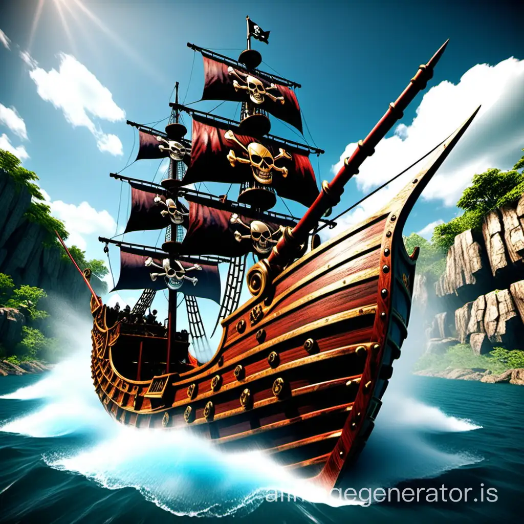 Pirate Ship Battle Royale: A water ride where guests board pirate ships armed with water cannons and engage in epic battles on a lake filled with interactive targets and hidden treasure, ultra realistic, high quality, 8k