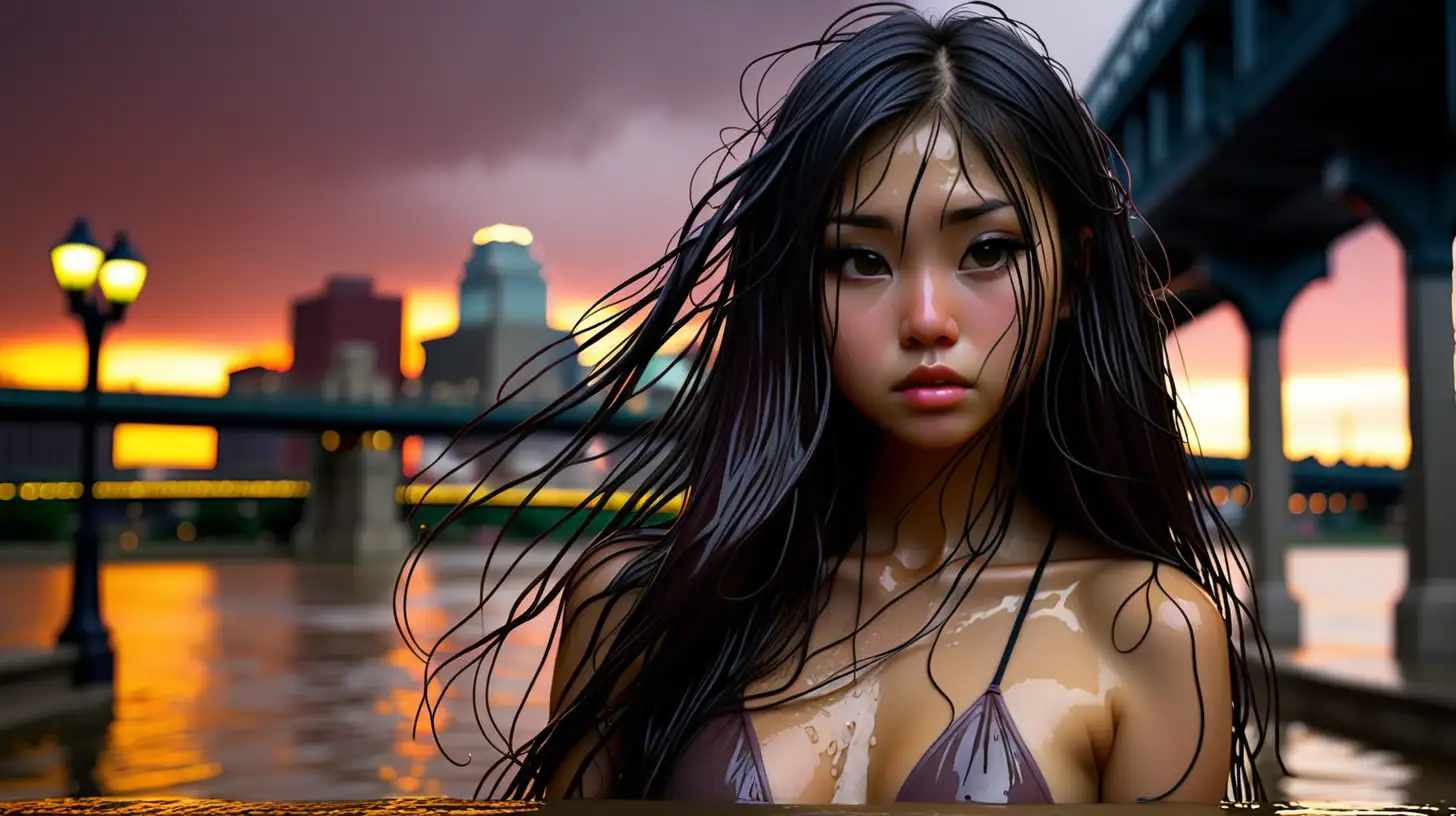 Sensual Sunset Stroll Asian Girl with Long Wet Hair along Cincinnati Riverwalk