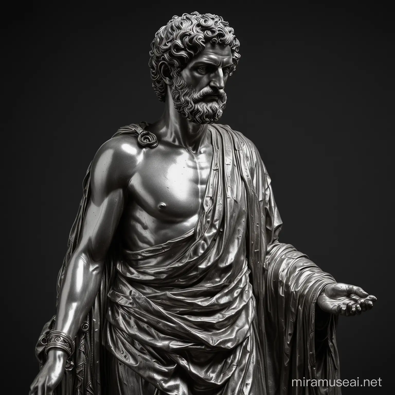 Dans un fond noir, une statue d'un philosophe en métal liquide argent de l'antiquité habillé en toge