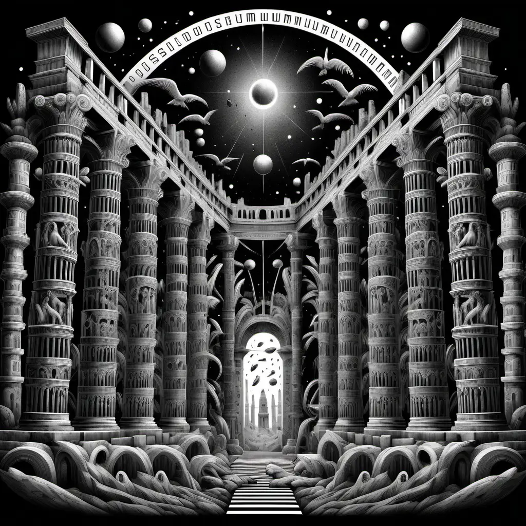 Colosseum in the style of ethereal geometry, intricate black and white illustrations, a black background, columns and totems, mirrored realms, made of different creatures, graphic design-inspired illustrations