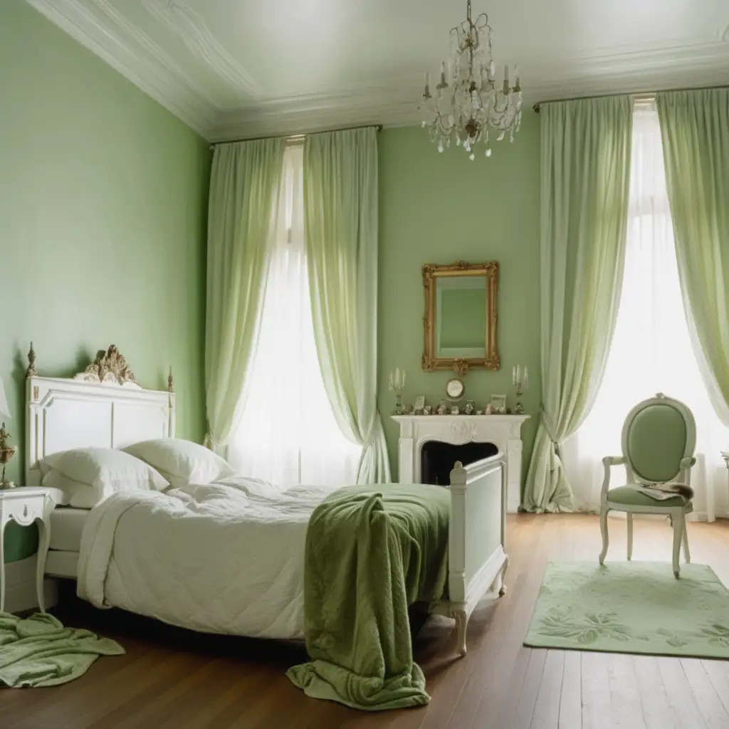 用莫奈的风格画一间卧室，房间的墙是白色的，床是金属的，床上的被子都是白色的，被子乱糟糟地堆放着，窗帘是淡绿色的，房间里还有壁炉
