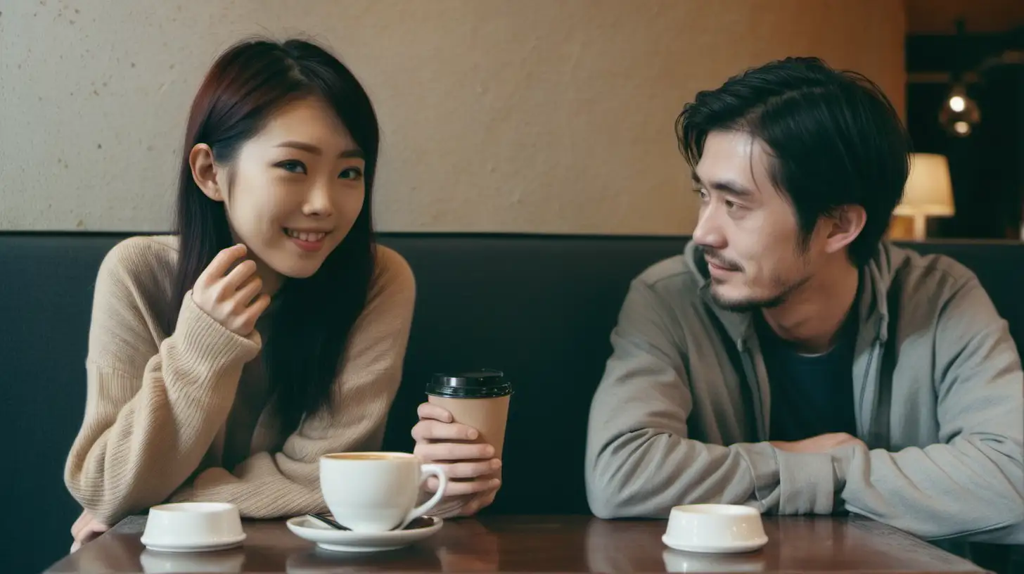 Multicultural Romance Japanese Woman and German Man Enjoying Coffee in a Cozy Cafe