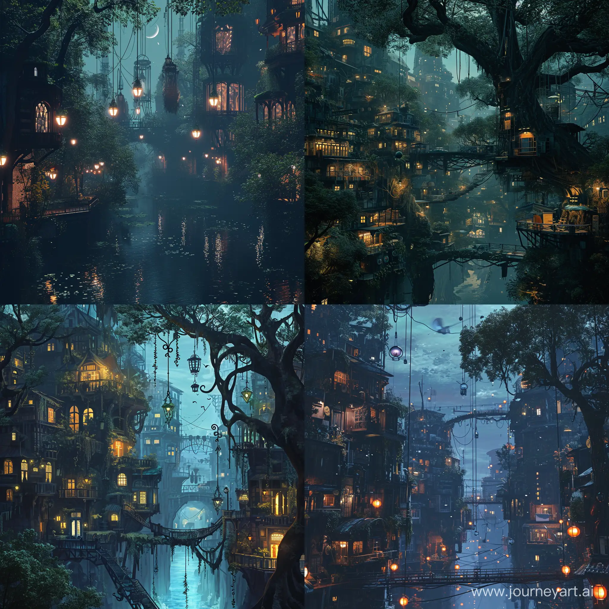 Fantastical-Noir-Cityscape-Mystical-Buildings-Plants-and-Hanging-Lanterns