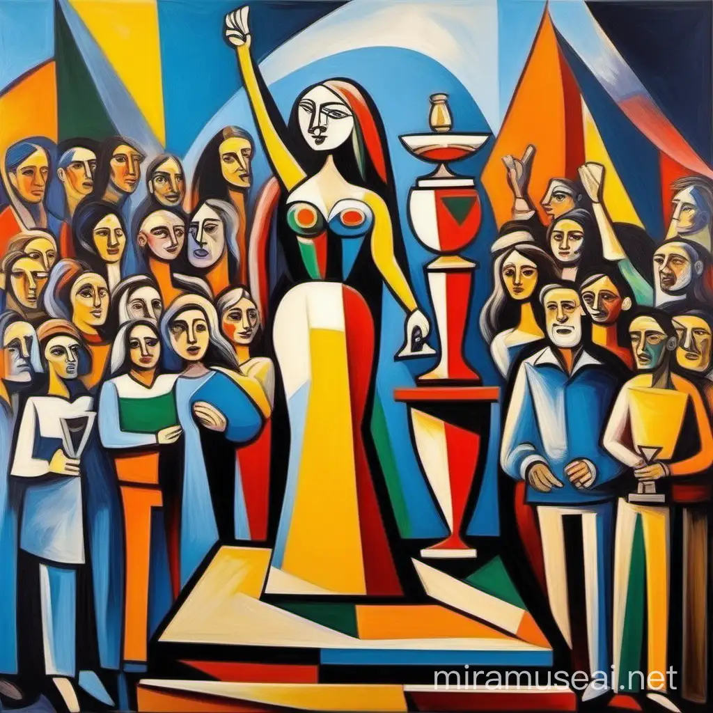 Colorful Picasso Style Painting Triumph of a Tall Woman with Trophy Surrounded by Cheerful Crowd