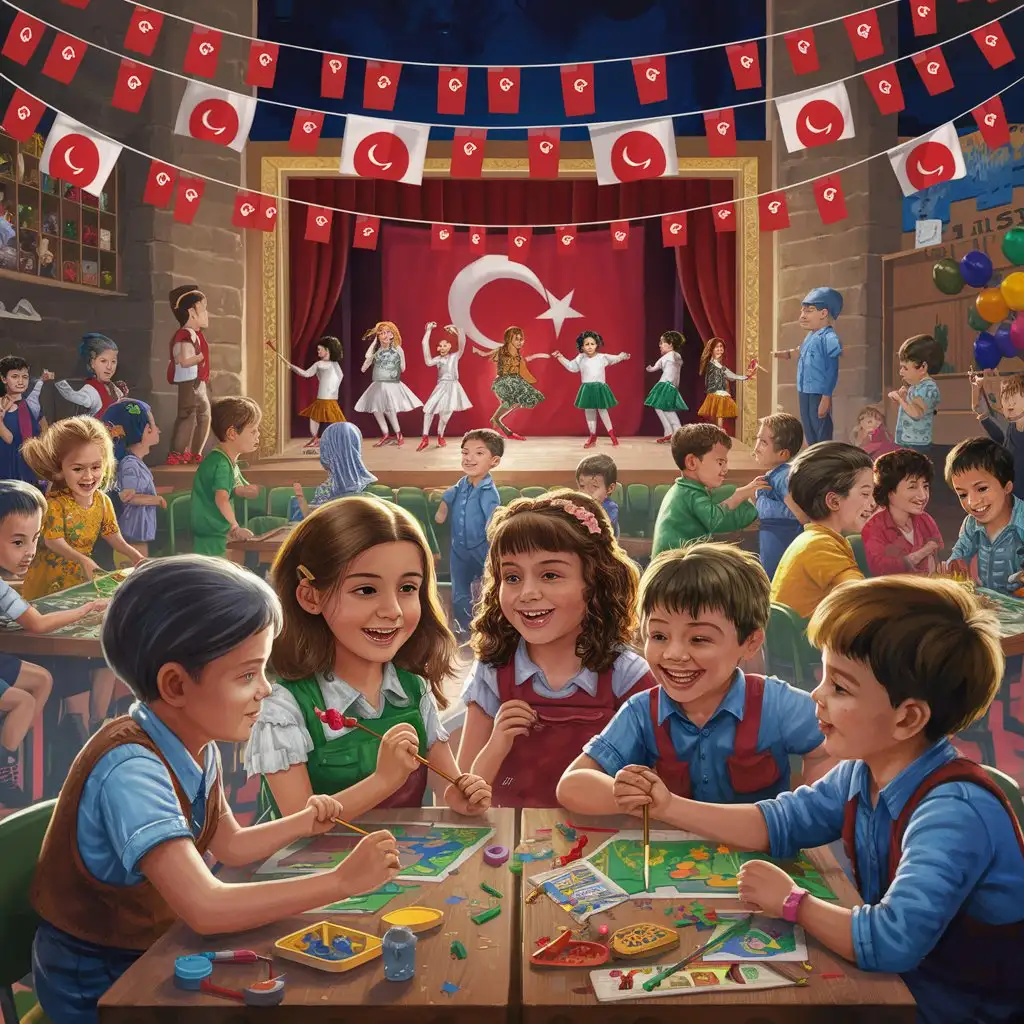 Celebrate Children's Day at school. Happy children. Turkish flags everywhere.