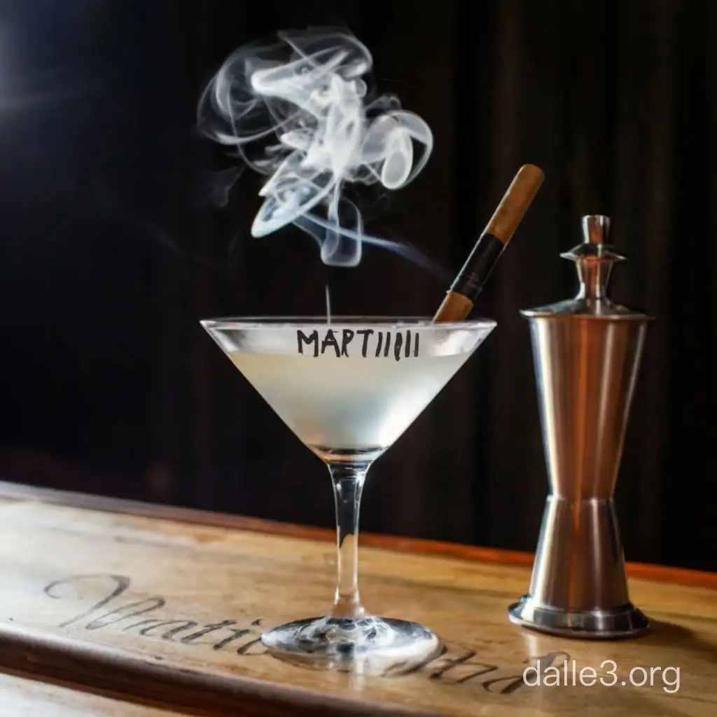 За столом курительная трубка пьет мартини и рисует дымом надпись Мартини