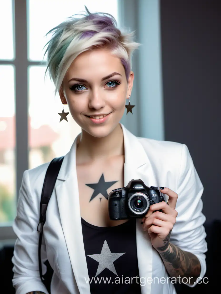 Blonde-Girl-Portrait-with-Star-Tattoo-and-Camera-in-Pastel-Setting