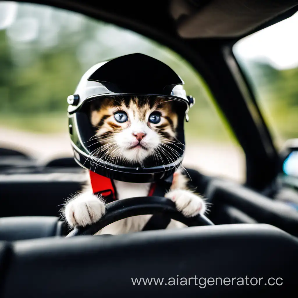 Котик с автомобильным шлемом сидит в раллийной машине на водительском месте и смотрит в камеру из лобового стекла
