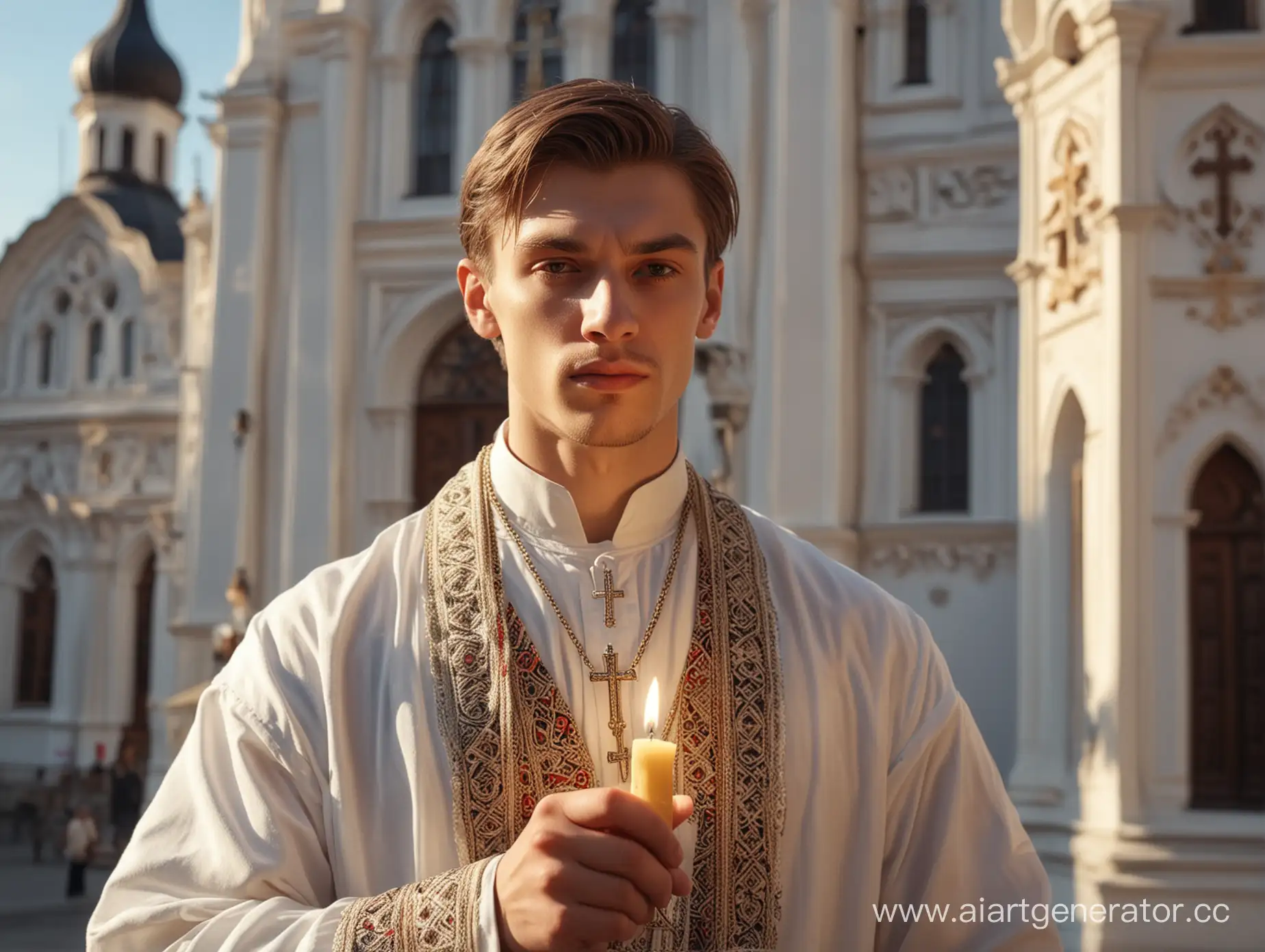 A young man holds a thin lit candle in his hands, the man is dressed in Slavic clothing, a Christian cross on his chest, against the backdrop of a beautiful Orthodox church, a bright sunny day, portrait, photorealism, warm lighting, cinematic, 4K ultra hd