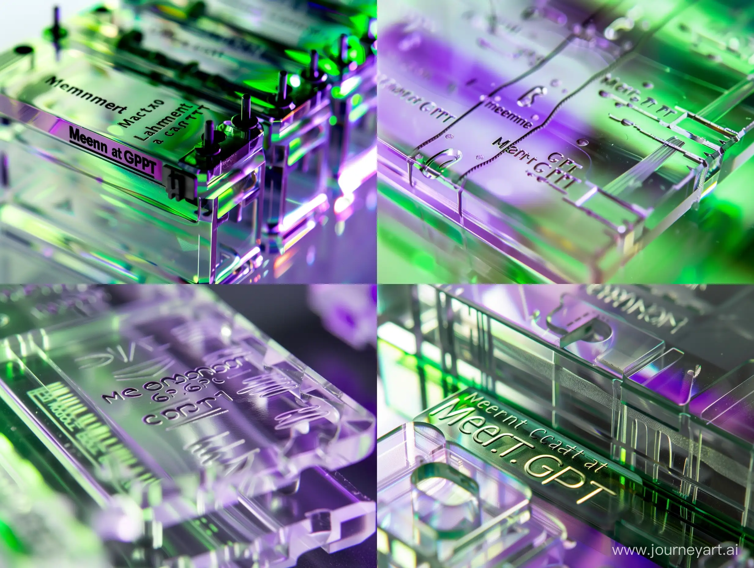 Very close-up of a transparent electronic cell with engraved inscription "memory at ChatGPT", the colors green and purple --ar 4:3 --s 0 --style raw --v 6 