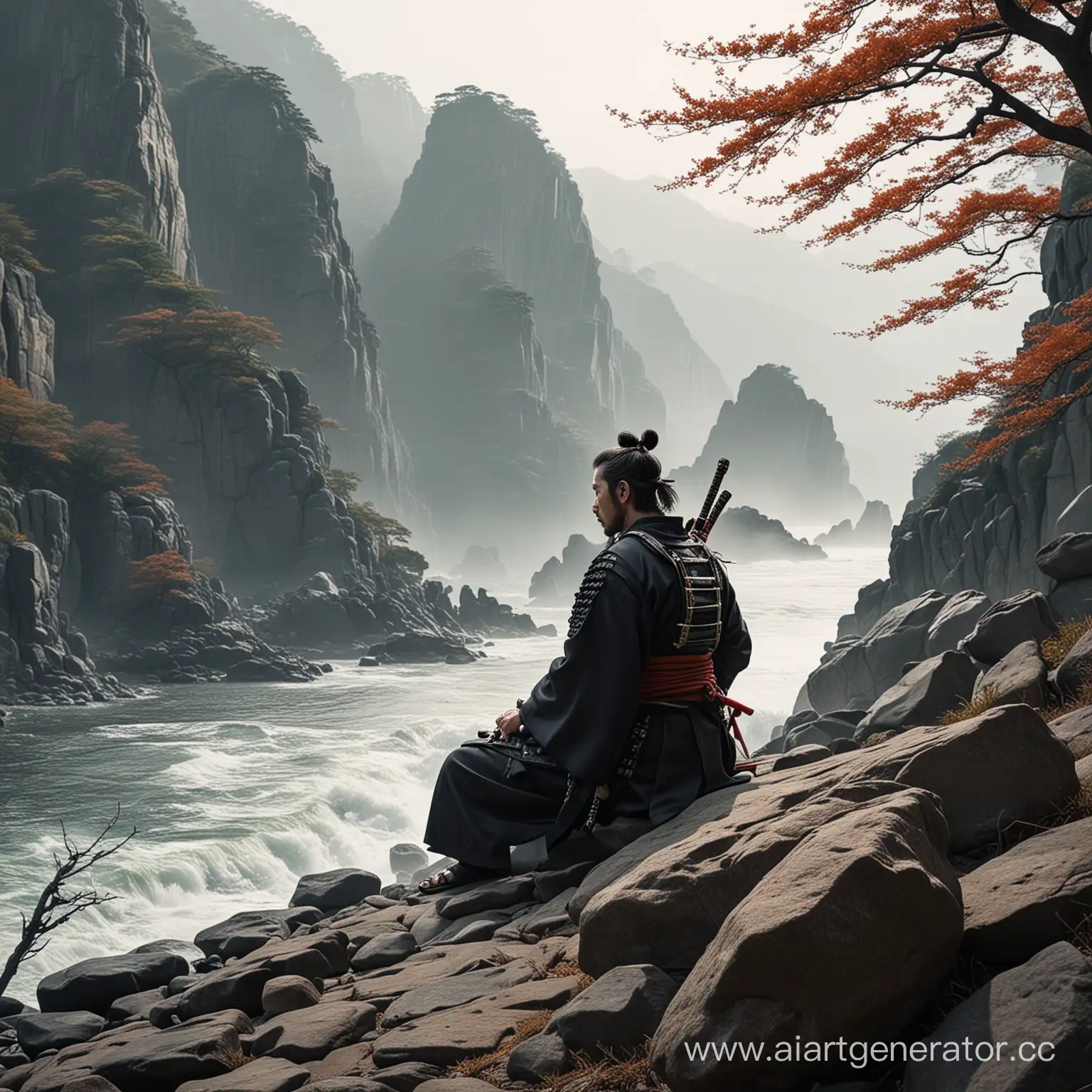 Solitary-Samurai-Contemplating-on-Rocky-Cliff