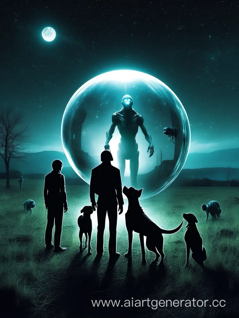 три человека в поле ночью что-то ищут с одной собакой, а на них смотрит один страшный человекоподобный инопланетянин сверху, как будто держит их в шаре, они его не видят, смотрят вдаль,  их разделяет таинственная сила, вид прямо, реализм