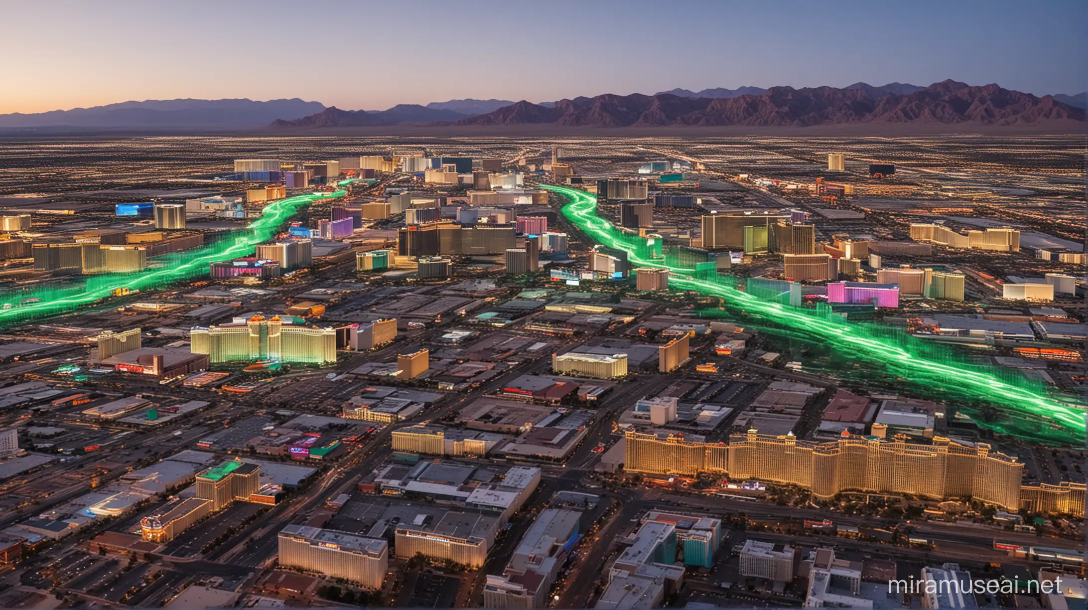 A bright picture of expanding green flowing neon data flowing through the las vegas during sunrise