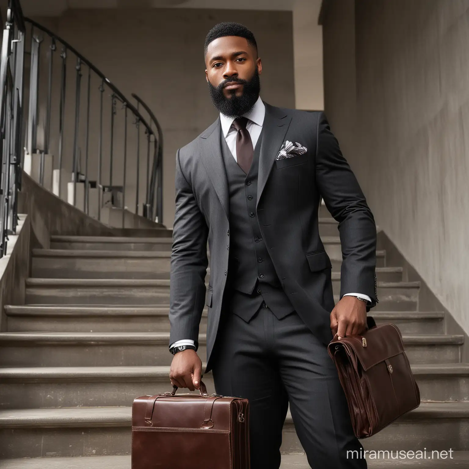 black man, full beard, fit, full hair,,  Staircase in background, holding a briefcase, business suit