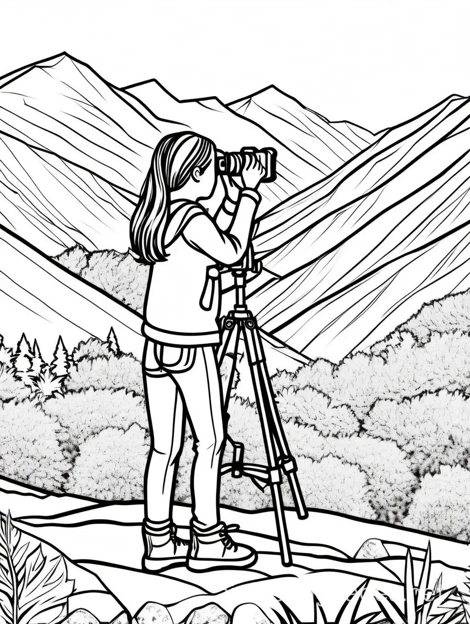 a girl photographing with a camera outside in the mountains, Coloring Page, black and white, line art, white background, Simplicity, Ample White Space. The background of the coloring page is plain white to make it easy for young children to color within the lines. The outlines of all the subjects are easy to distinguish, making it simple for kids to color without too much difficulty