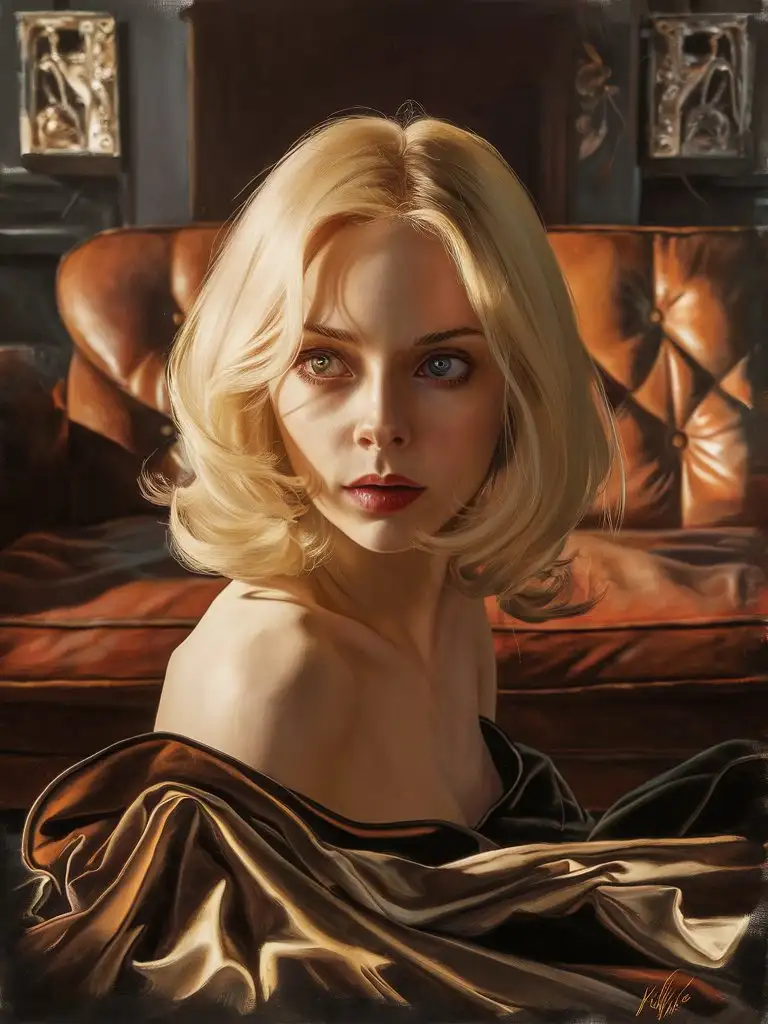 A realistic portrait of a blond woman with expressive and mysterious eyes, against the backdrop of a leather couch in the style of Stanley Kubrick. The painting is made in the style of realism using oil paints and techniques of the artist John Singer Sargent. At the center of attention is the model's face, emphasized by precise light and shadows. In the background, an ambience of certain mystery and elegance is created by the play of light on furniture and decorative elements of the room. This work is a combination of classical portrait genre with elements of conceptual art, which gives it uniqueness.