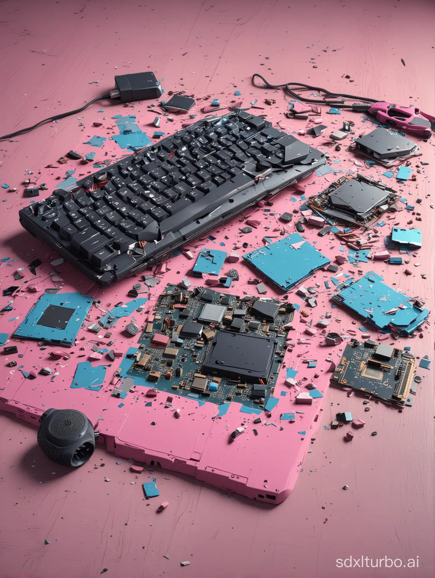 broken computer on the table, GTA style, extremely detailed, high quality, pink and blue theme, photo realistic, ultra realistic