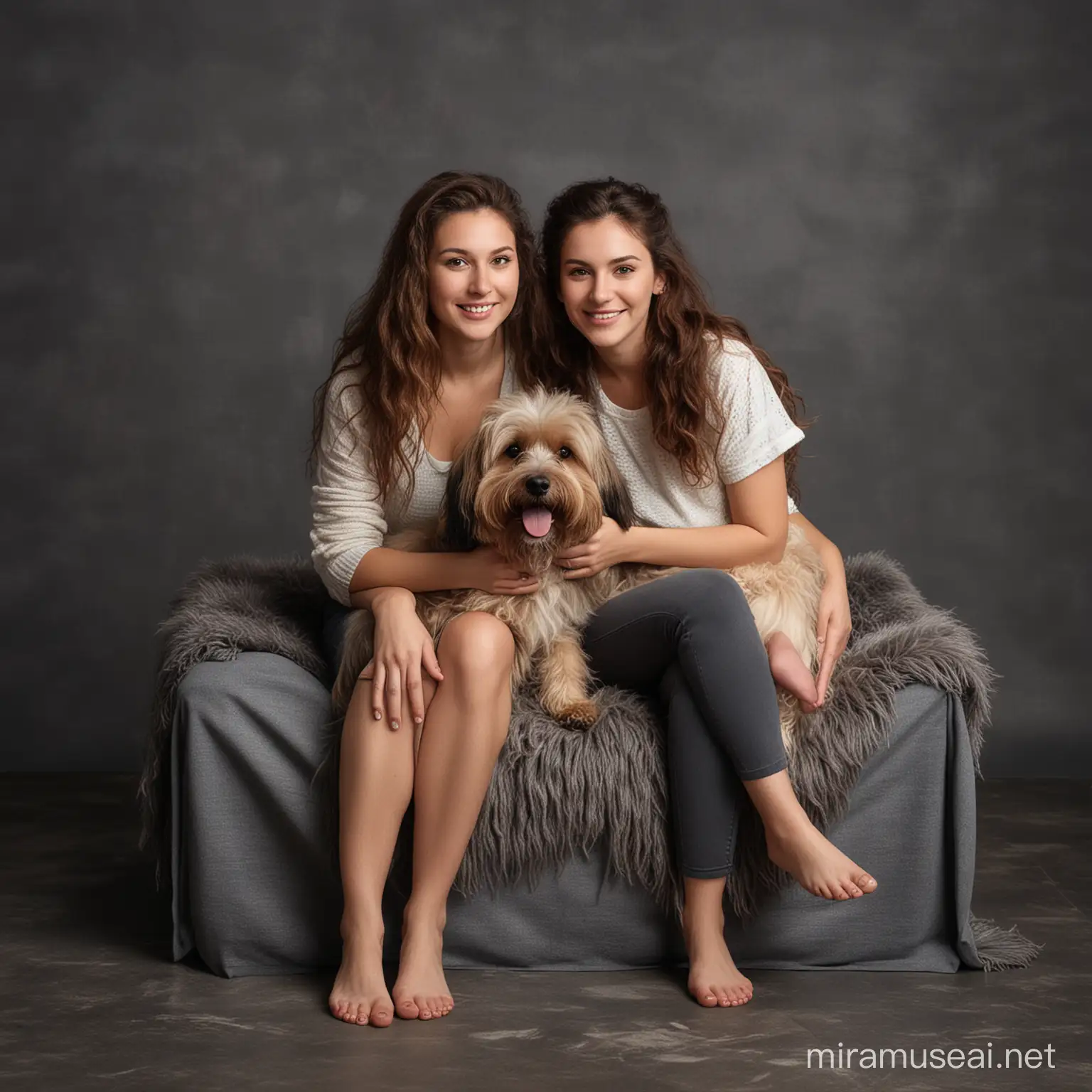 Studio photo on a dark grey background. A woman is sitting on an ottoman, cuddling her brunette daughter and their longhaired  dog.