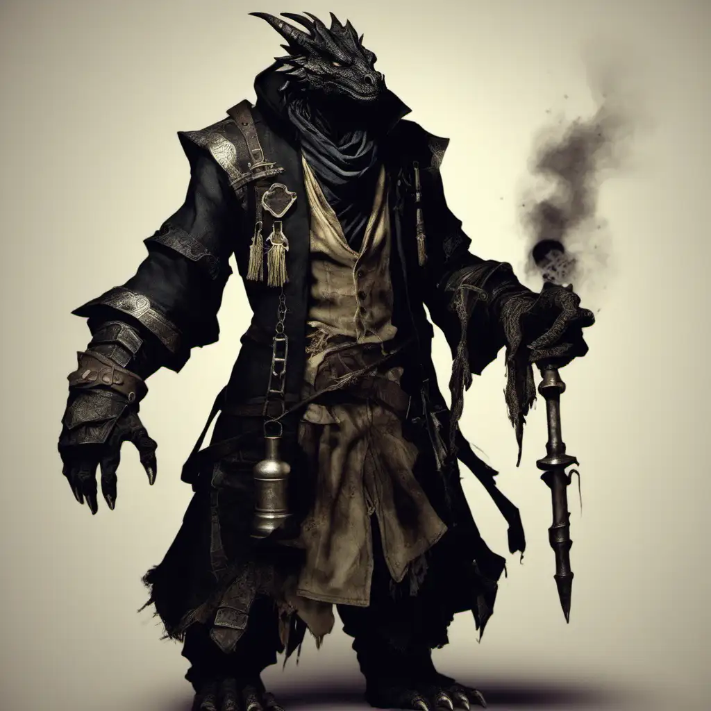 Black dragonborn alchemist. Tattered clothes. 