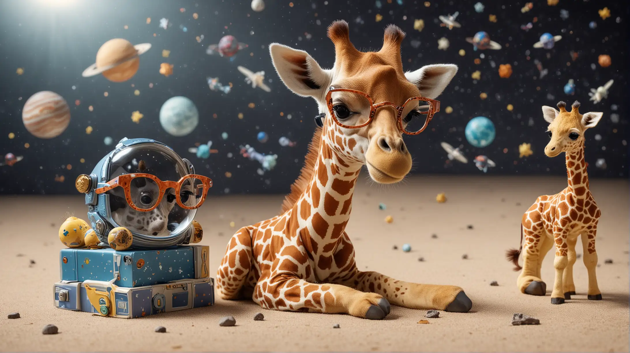 space objjects and one baby Giraffe with glasses in the background 