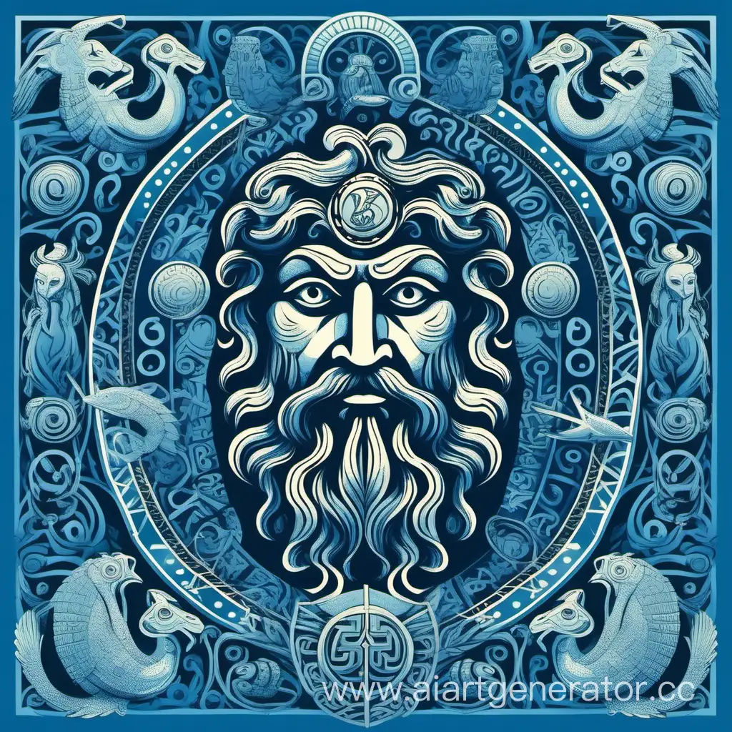 Blue background with patterns on which various ancient symbols, in the middle, the face of Poseidon