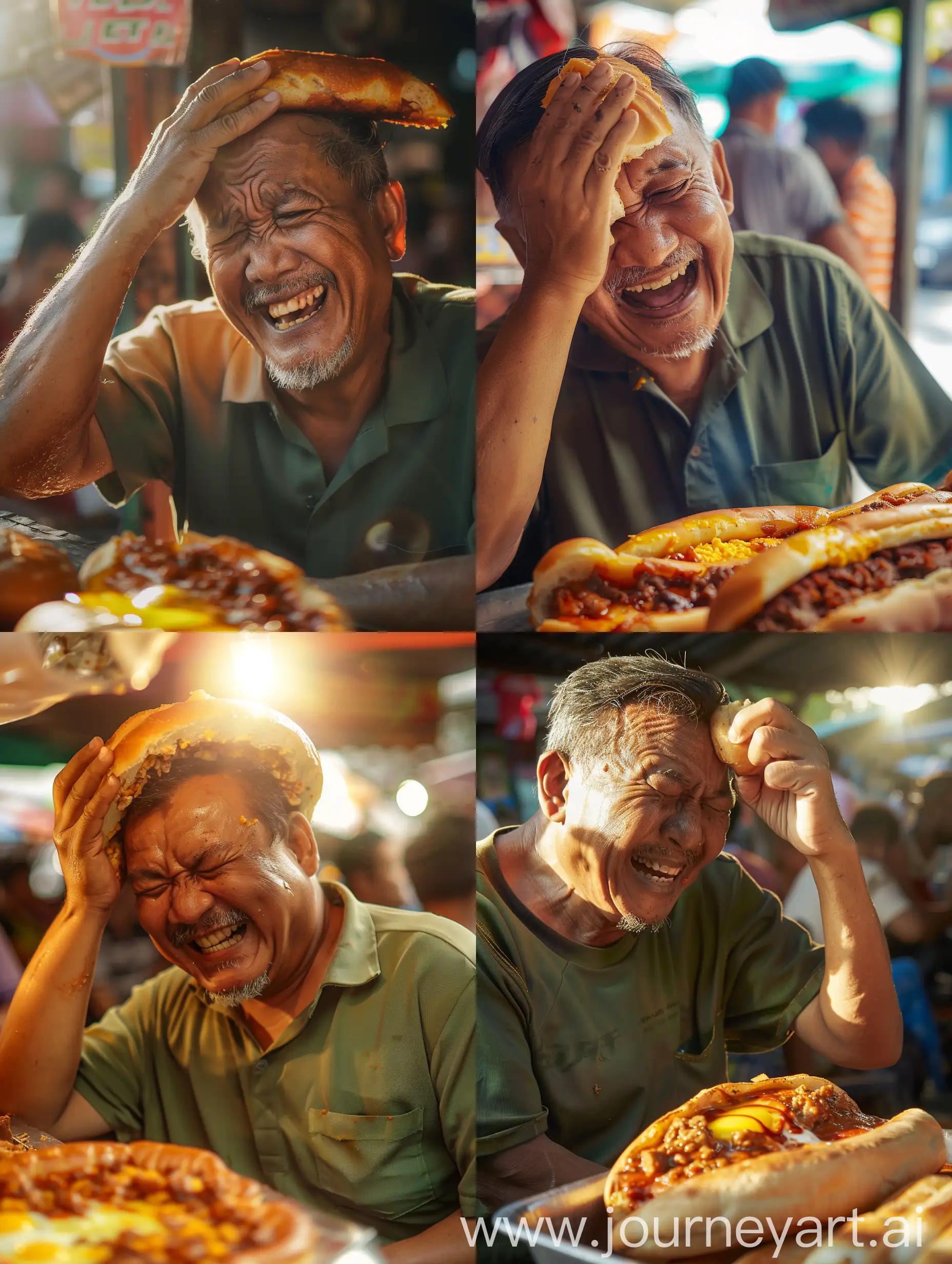 
a malay man was laughing while looking at the roti john he was holding. his left hand is scratching his head. long john bread has sauce and meat filling and egg inside. The man was wearing a songkok and a plain green Malay shirt. ramadan bazaar background, people buy food to break fast. atmosphere in the evening. there is sunlight. canon eos-id x mark iii dslr --v 6.0