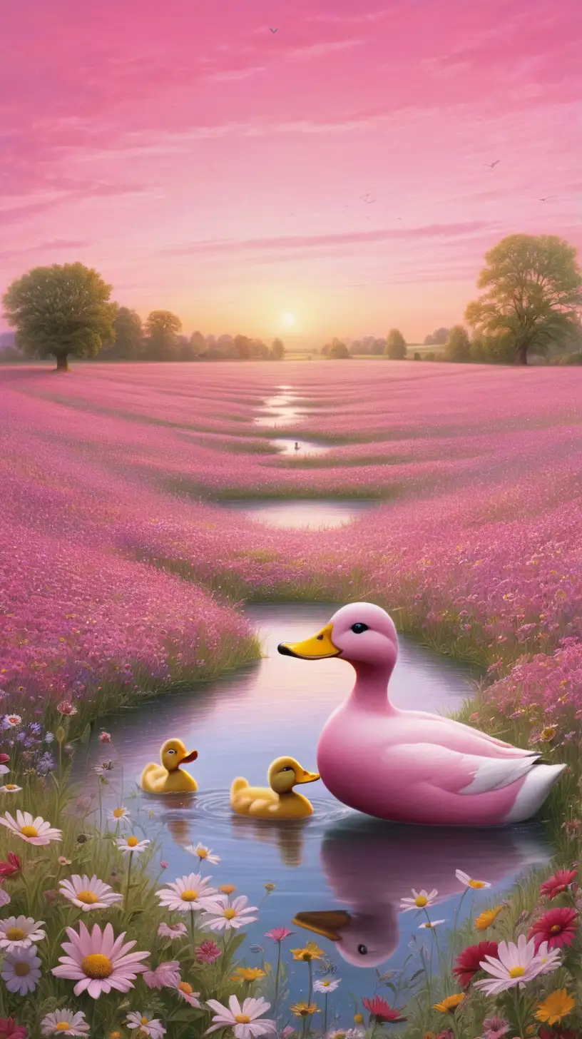 pink heart with red eye in the middle, floating in a field of wildflowers, dawn, family of ducks walking by
