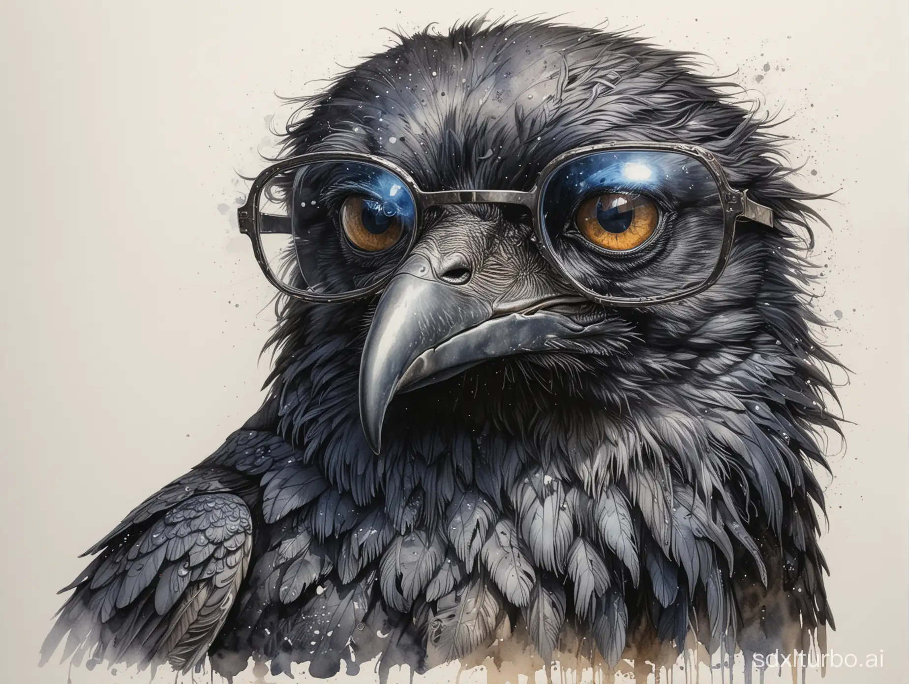 A disheveled raven with eye glasses, highly and delicately detailed drawing, intricated watercolor