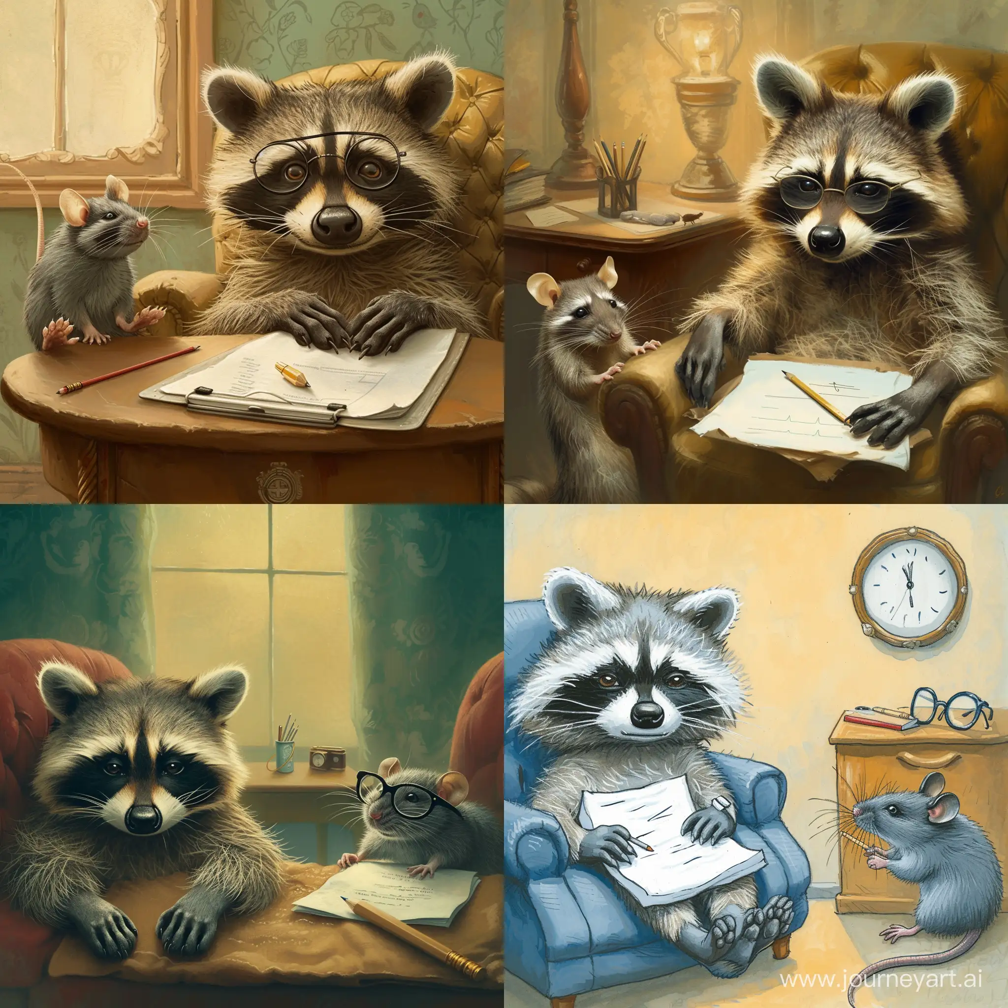 A raccoon lies with folded paws at a reception with a psychologist - a rat with glasses, a sheet and a pencil in an armchair