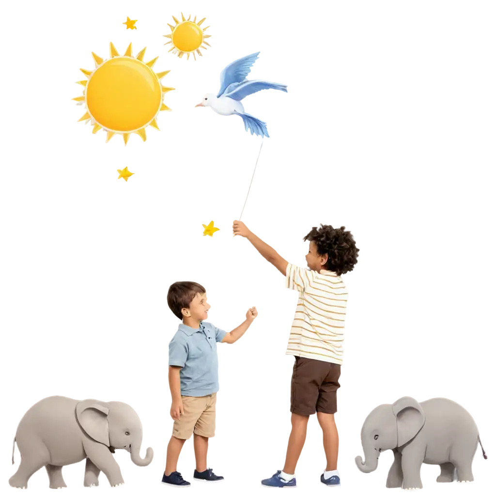Small boy play with the birds and elephant at the sky near the sun