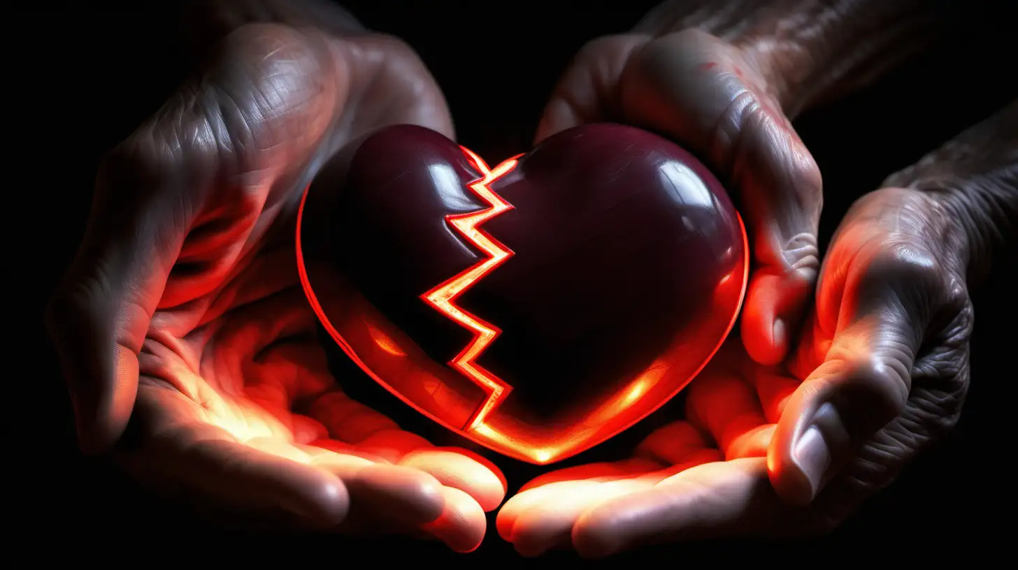 Capture the warmth and compassion as a pair of hands gently holds a radiant, glowing heart in the darkness, conveying the importance of caring for one's cardiovascular health.