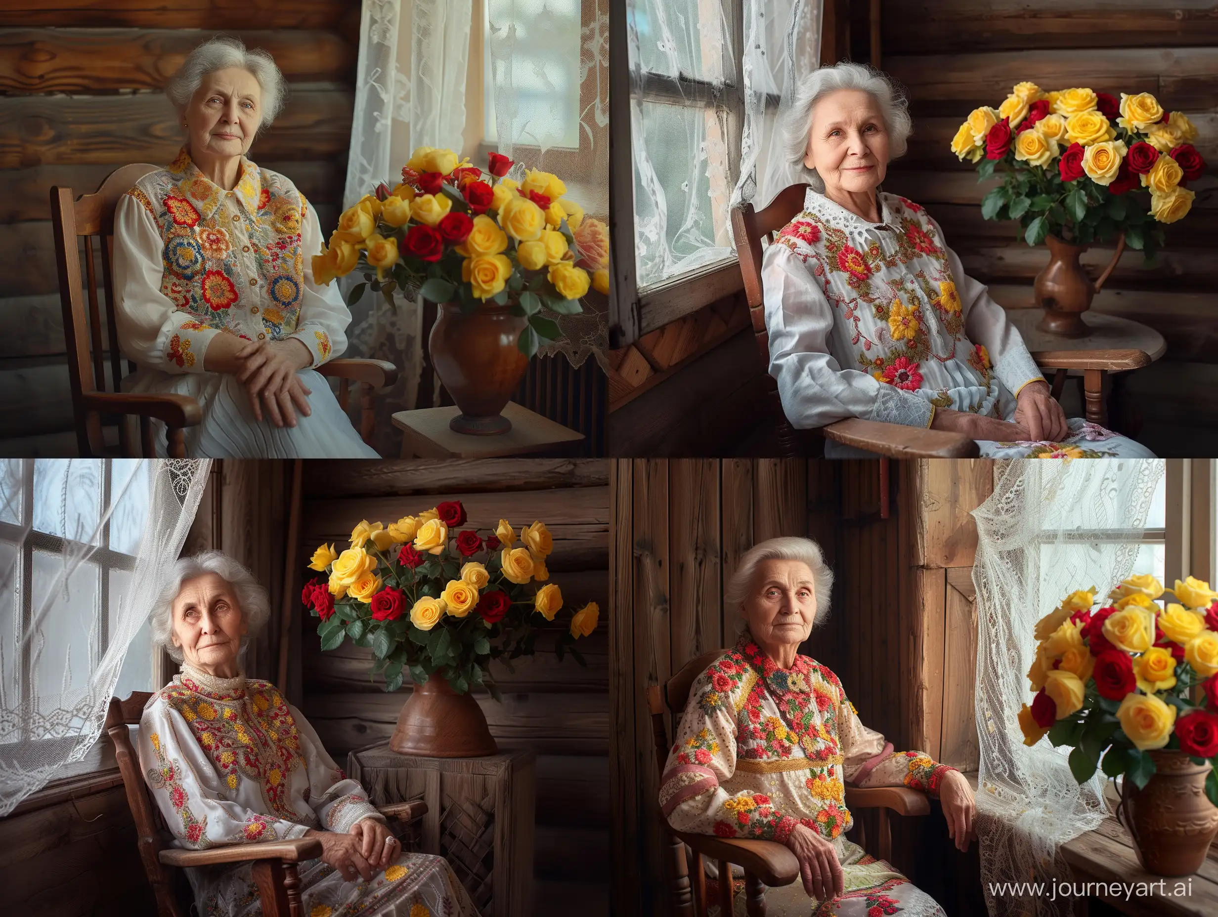 Elderly-Woman-Admiring-Roses-by-Open-Window-in-Traditional-Dress