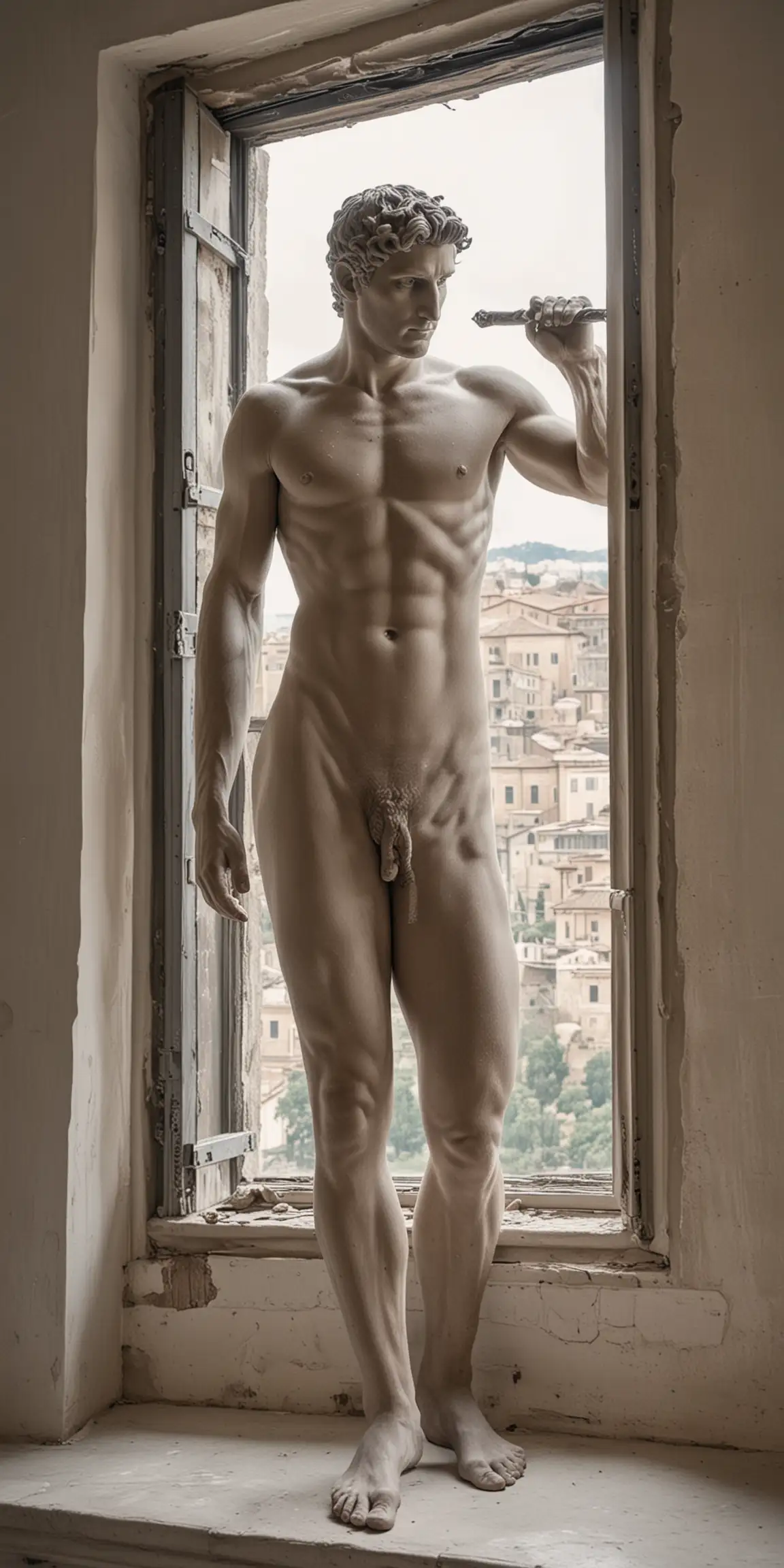 roman statue male, naked, with Roman Empire in the background  out a window in behind
