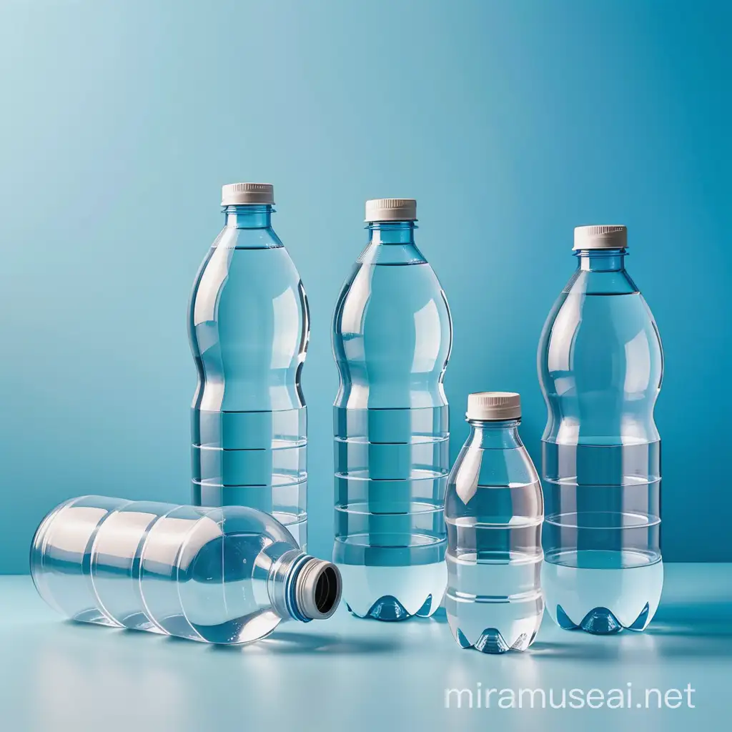 poster mock-up, plastic water bottles, biodegradable packaging, and recycled PET plastic materials. The images are arranged in a visually appealing grid format, on a sky blue background