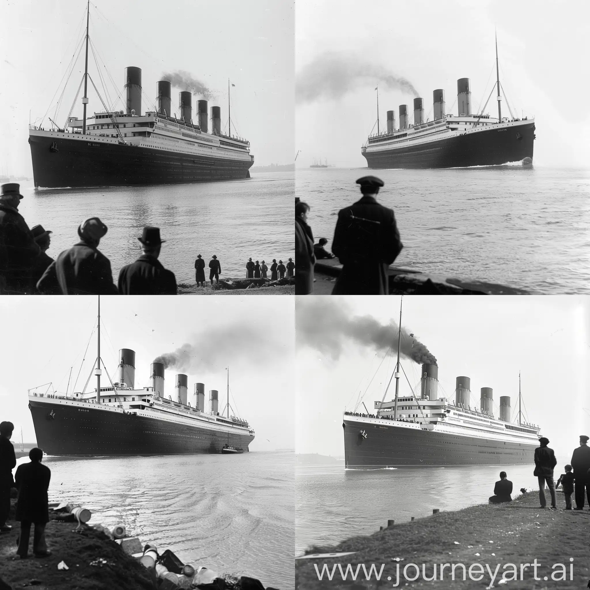 The British liner RMS Titanic, leaving southampton on its maiden voyage, a few people watching, clean day time sky, photograph, side view, profile pic of the ship, the ship only has 4 funnels