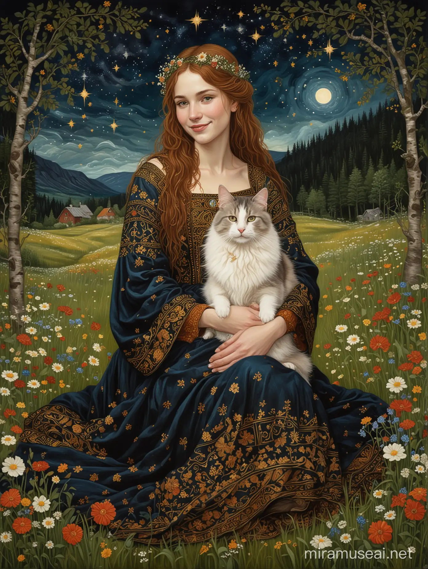 Medieval Woman with Norwegian Forest Cat in Starlit Birch Grove