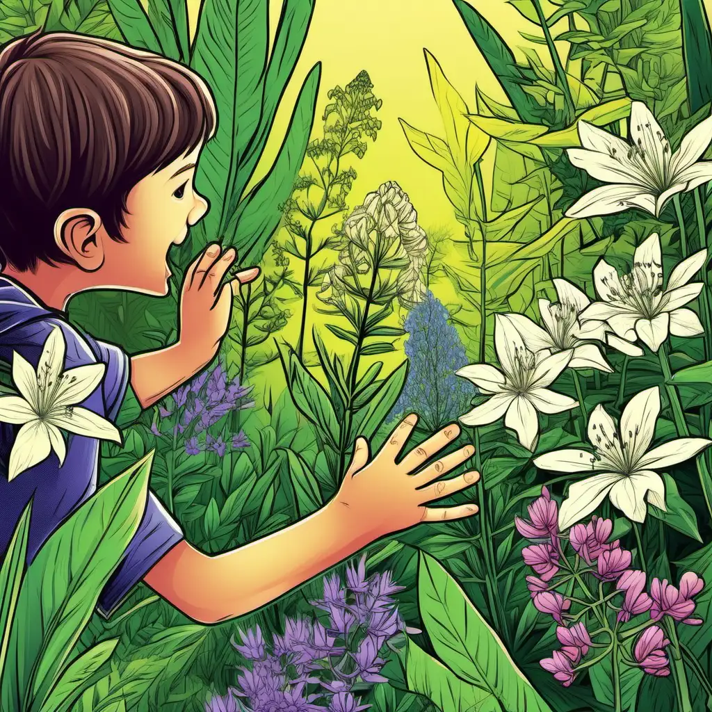 Childrens Cartoon Jungle with Reaching Hand and Various Flowers