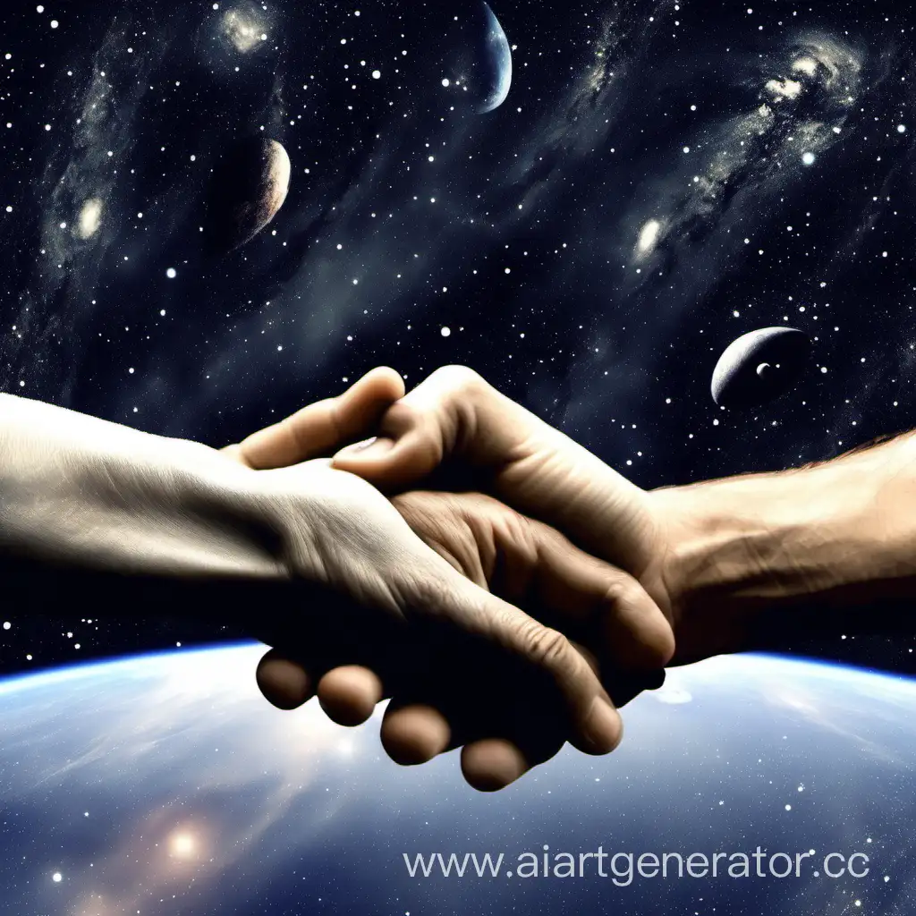 hand in hand against the background of space
