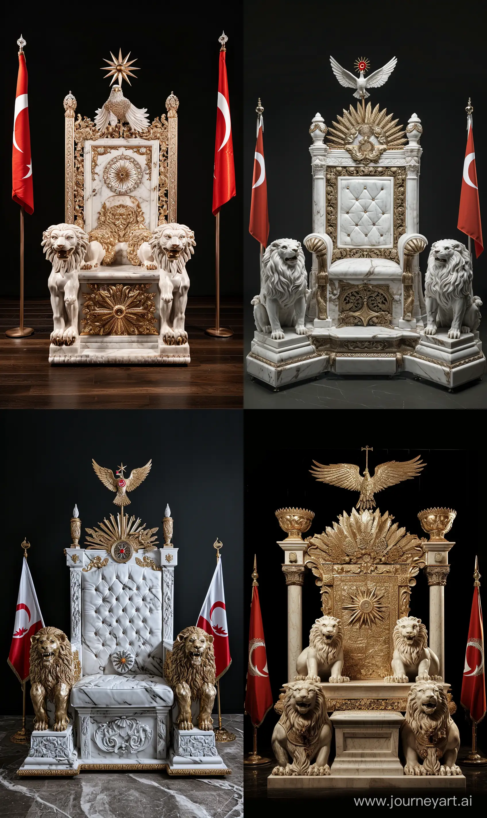 A white golden marbled Islamic throne, sculpture of two roaring lions on arms of the throne, statue of an eagle holding islamic radiating star on top of the throne, two ottoman flags placed on sides --ar 3:5 --v 6