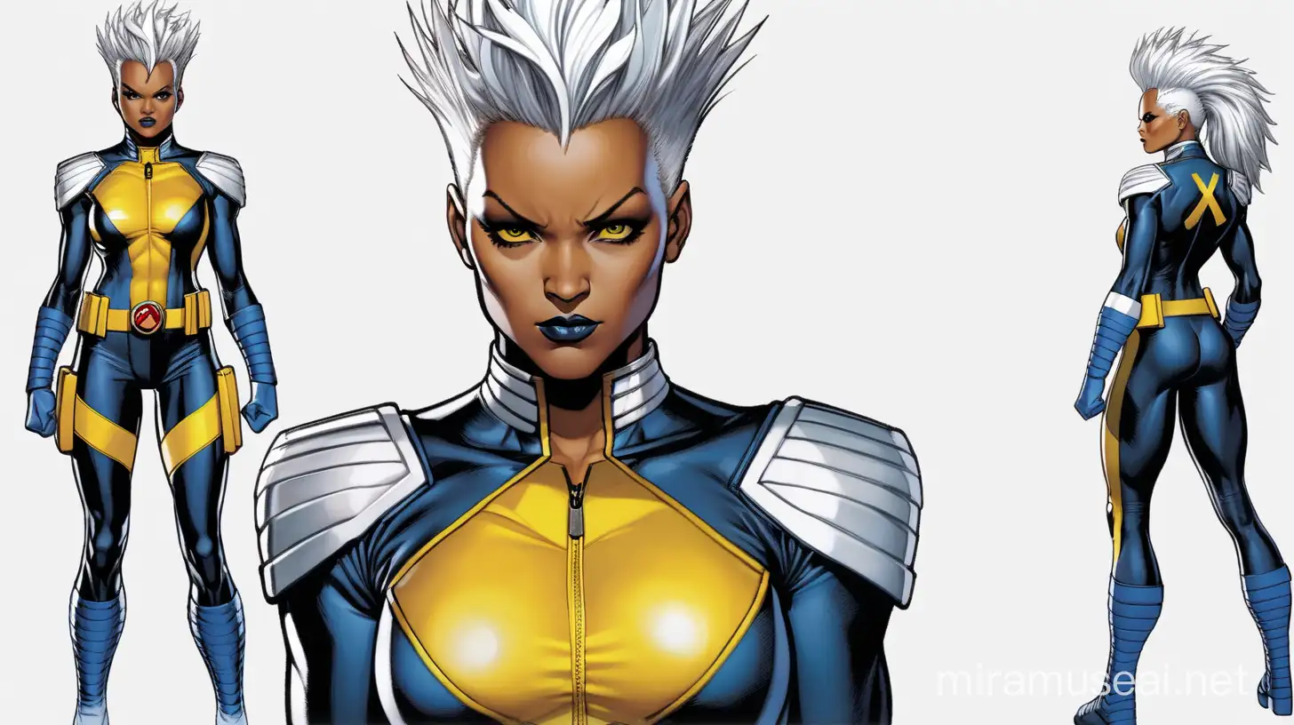 Um visual original para a personagem tempestade dos X-Men,ela está de moicano e o uniforme tem detalhes amarelo,imagem de fundo branco e personagem de corpo completo.